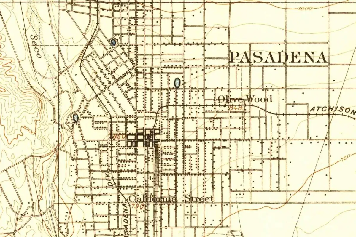 Detail of an 1896 U.S. Geological Survey map showing the streets of Pasadena east of the Arroyo Seco, with PASADENA printed in large letters and Olive Wood and California Street labeled