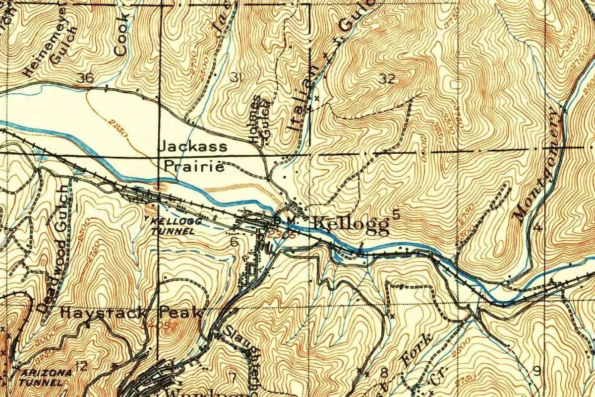 Detail of a 1901 U.S. Geological Survey map showing the town of Kellogg on the Coeur d'Alene River, with Jackass Prairie across the river, the Kellogg Tunnel to the west and part of Wardner at the bottom edge