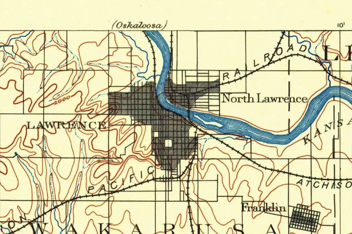 Detail of an 1885 U.S. Geological Survey map showing the street grid of Lawrence south of the Kansas River, with North Lawrence across the river and the small grid of Franklin to the southeast