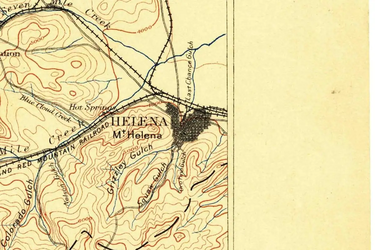 Detail of an 1889 U.S. Geological Survey map showing the street grid of Helena where Last Chance Gulch comes down to the railroad, with Mount Helena to the west