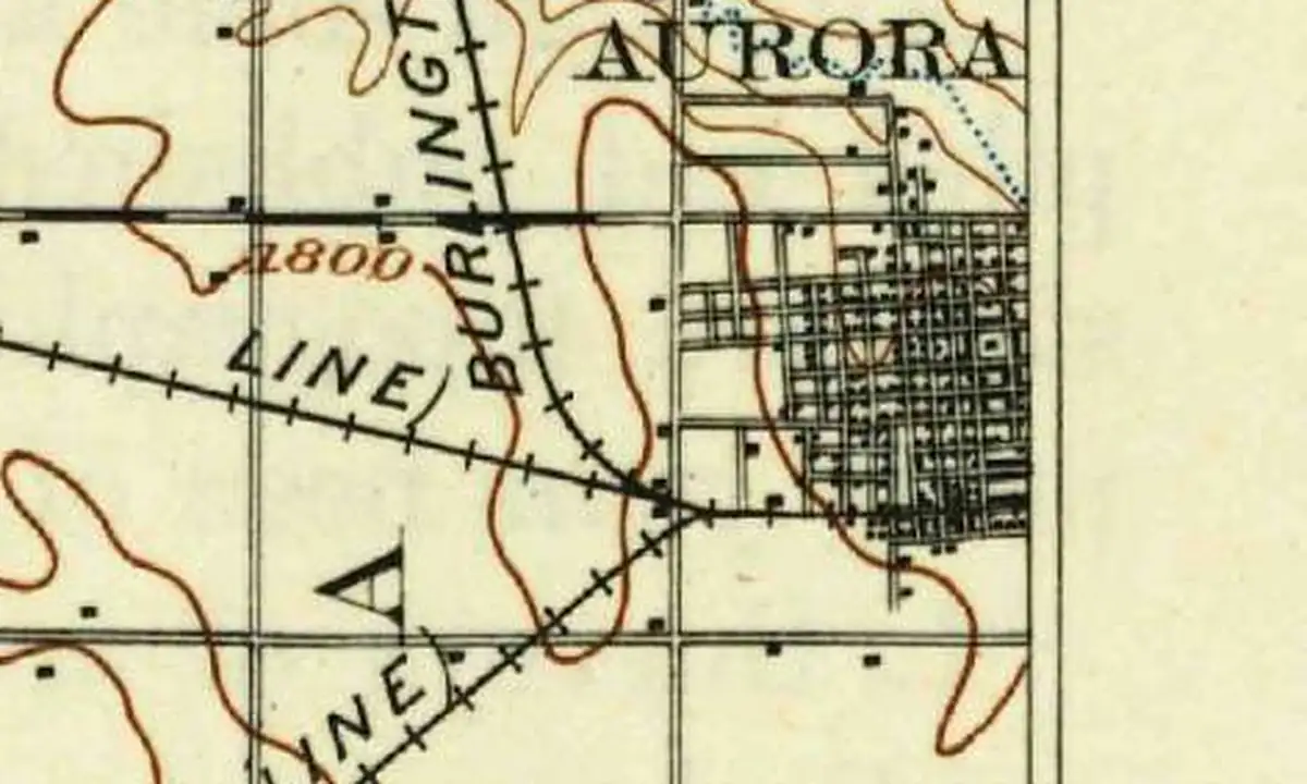 Detail of an 1898 U.S. Geological Survey map showing the west side of Aurora's street grid where several railroad lines meet, with the edge of the sheet cutting off the rest of town
