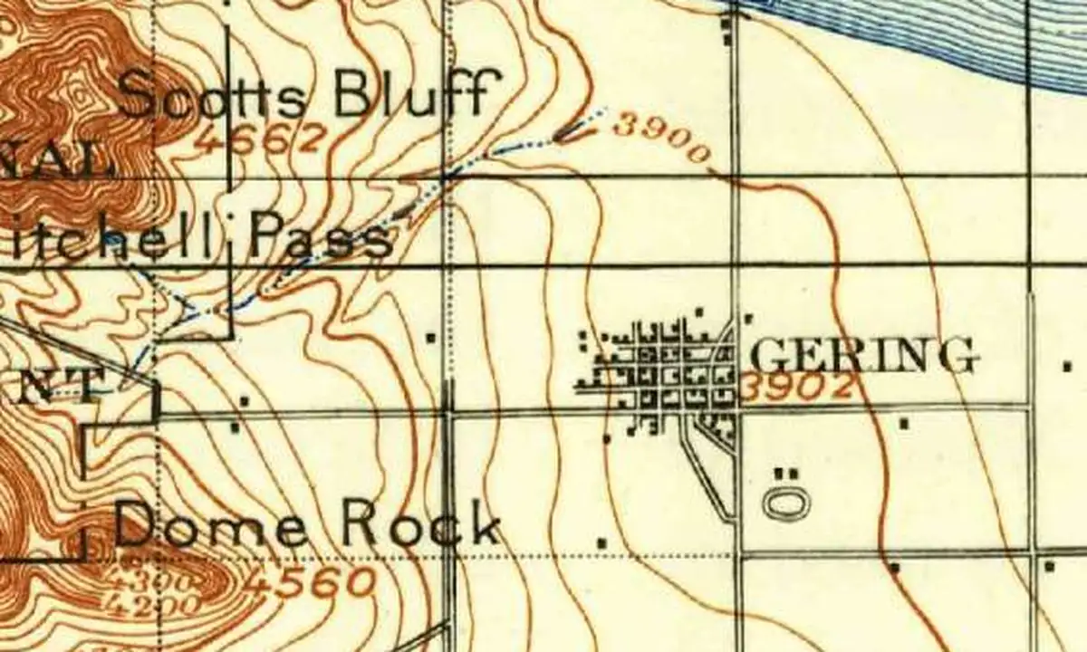 Detail of an old U.S. Geological Survey map showing the small street grid of Gering, with Scotts Bluff, Mitchell Pass and Dome Rock rising to the west