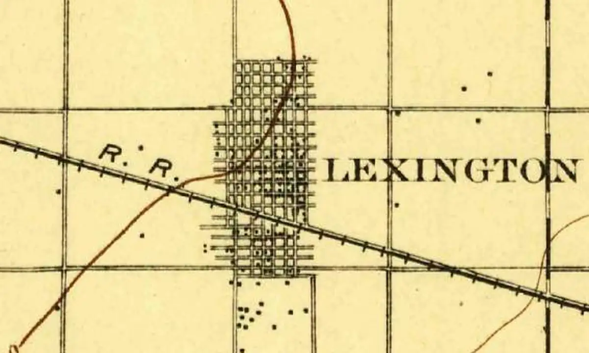 Detail of an 1896 U.S. Geological Survey map showing the small street grid of Lexington on the railroad