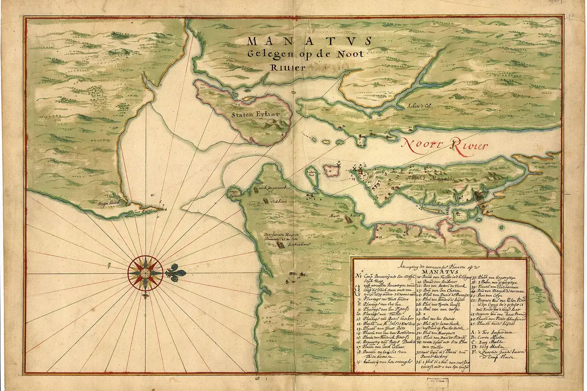 Hand-drawn Dutch map of the New York harbor area labeled Manatus, with Staten Eylant and the Noort Rivier
