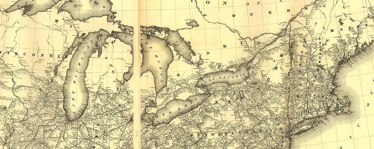 Detail of an 1870 railroad map of the United States, showing the Great Lakes and the Northeast