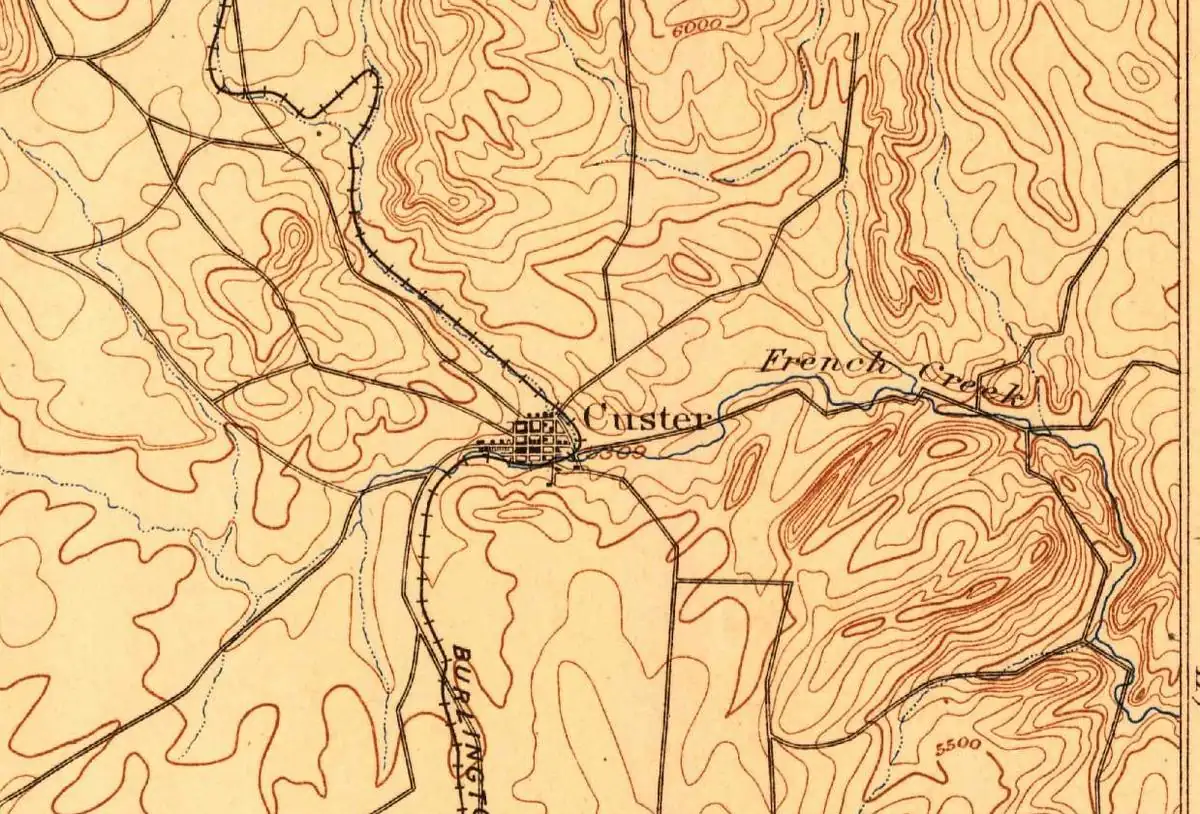 Detail of an 1896 U.S. Geological Survey map showing the town of Custer on French Creek, with the railroad running south from town