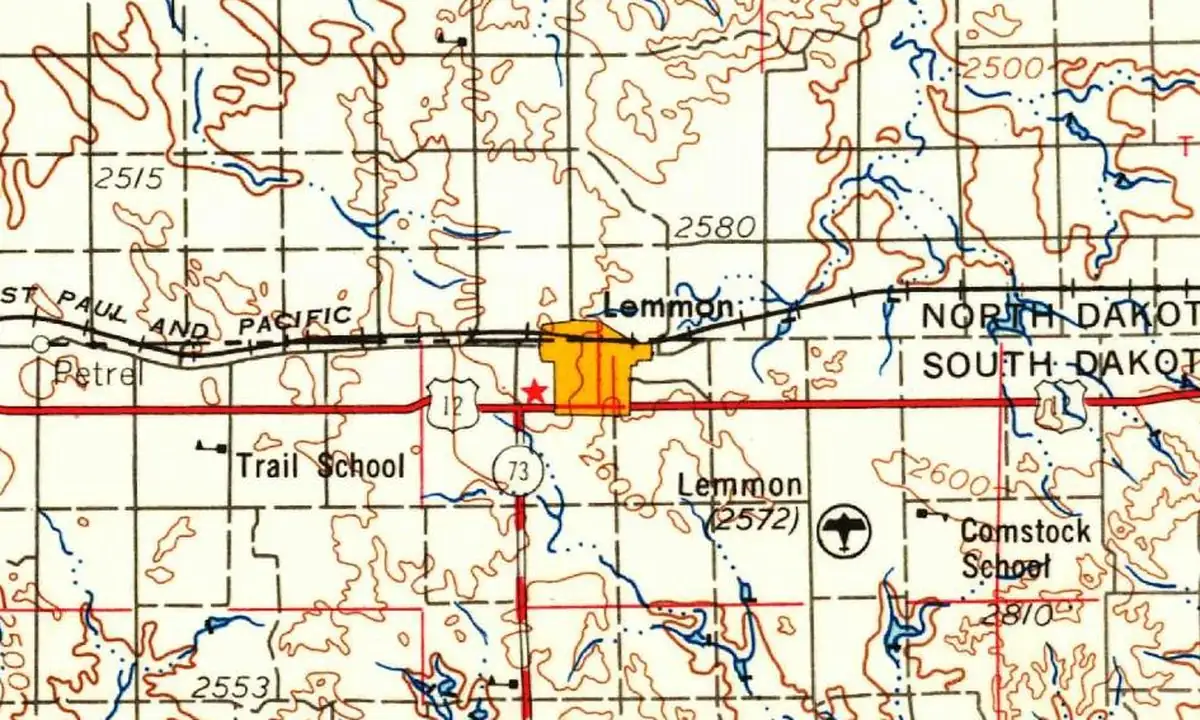 Detail of a 1954 U.S. Geological Survey map showing the town of Lemmon on the Chicago, Milwaukee, St. Paul and Pacific railroad, right below the North Dakota state line